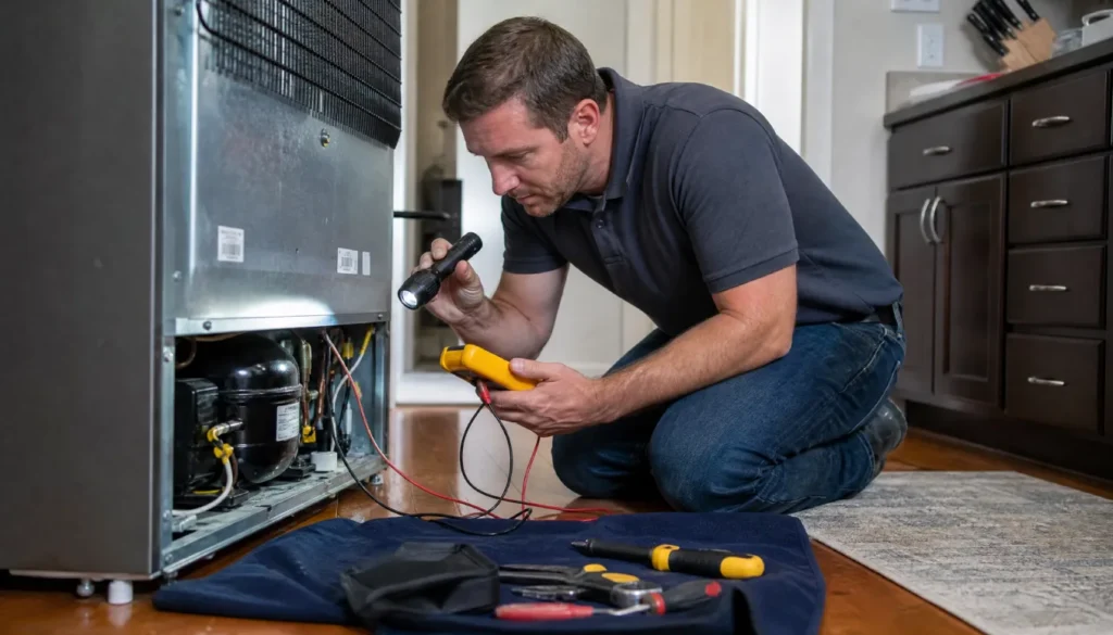 Appliance repair technician inspecting a refrigerator that won't stop running
