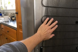 Person checking the back vents of a refrigerator to see why it keeps running