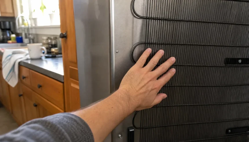 Person checking the back vents of a refrigerator to see why it keeps running