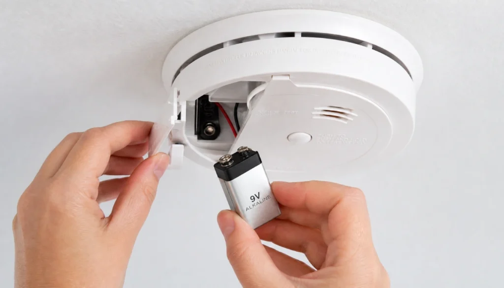 Hands replacing a 9V battery in a smoke detector to stop nighttime chirping