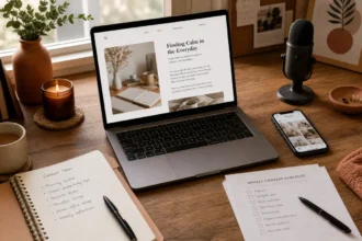 Laptop showing a blog post surrounded by a phone, notebook, and microphone representing different content formats