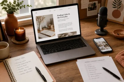 Laptop showing a blog post surrounded by a phone, notebook, and microphone representing different content formats