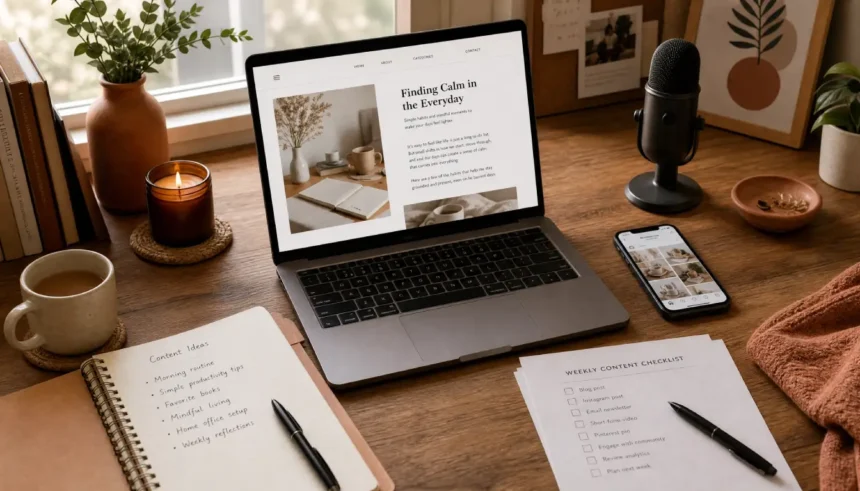 Laptop showing a blog post surrounded by a phone, notebook, and microphone representing different content formats