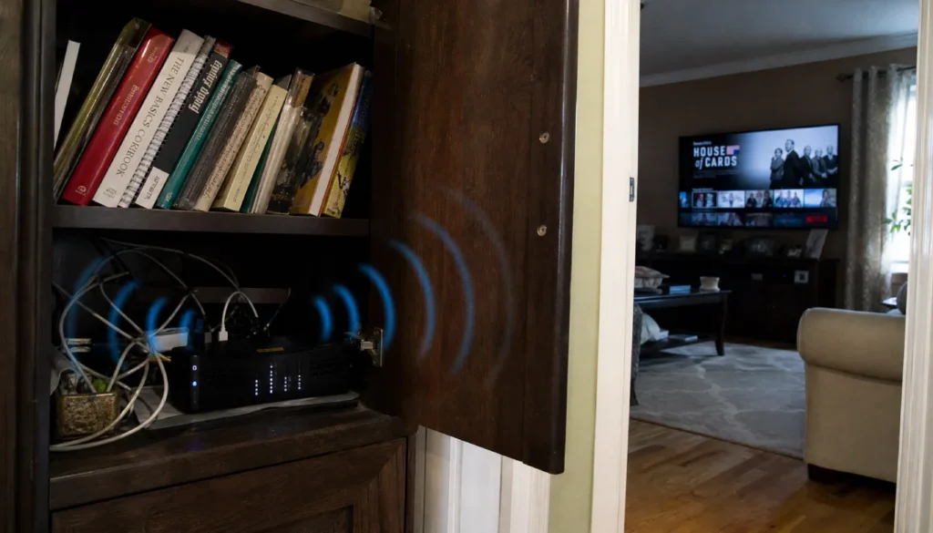 Wifi router hidden in a cabinet causing weak signal to a TV in another room