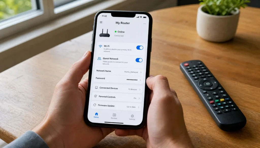 Person adjusting router settings on a phone app to fix streaming buffering