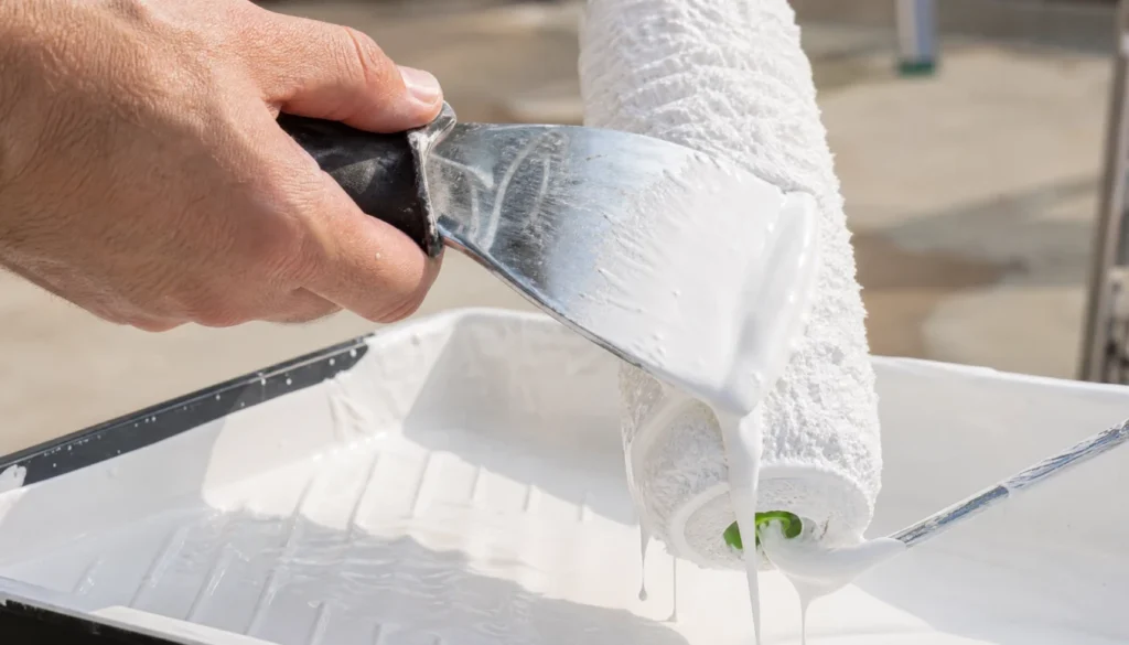 Scraping excess latex paint from a paint roller back into the tray before cleaning.