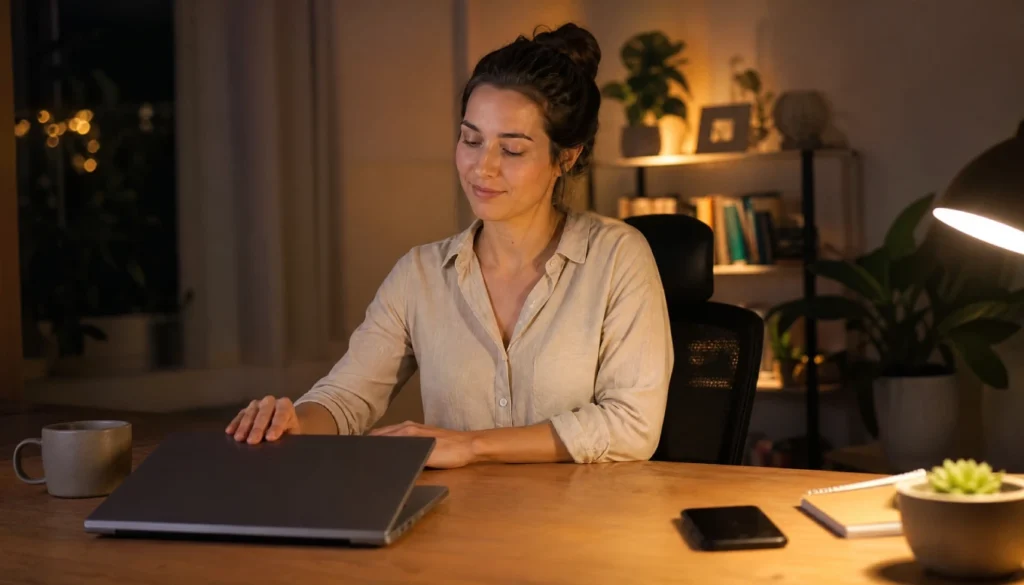 Woman setting a work boundary by turning off her phone in the evening