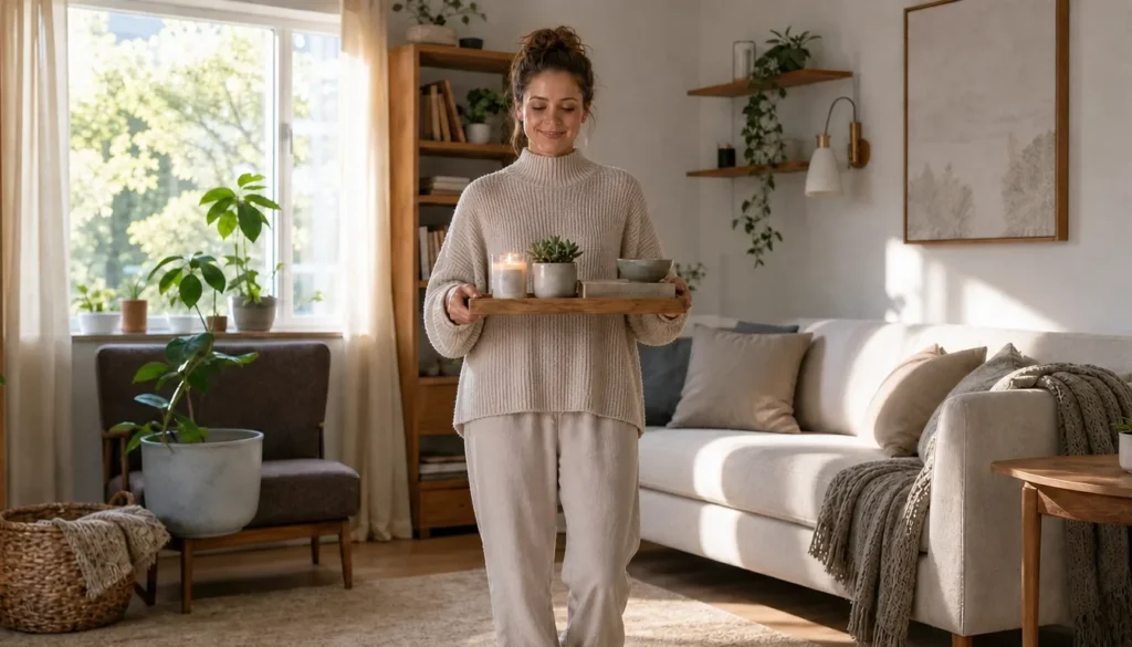 Woman carrying decor items collected from around her house to restyle a room for free