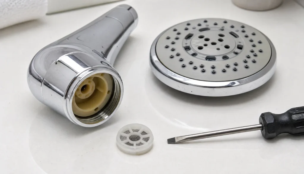 Plastic flow restrictor disc removed from a shower head