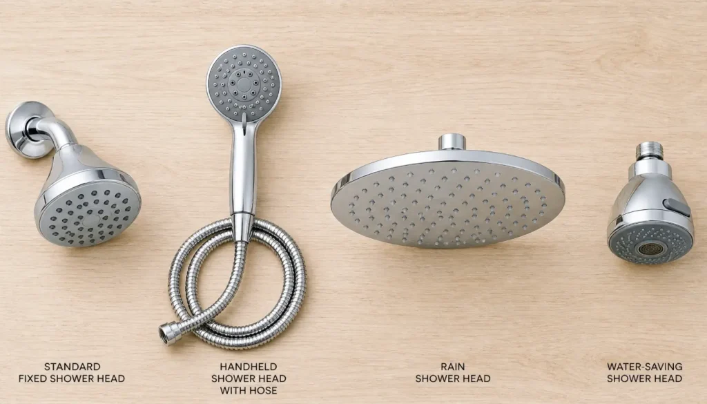 Four different shower head types arranged side by side