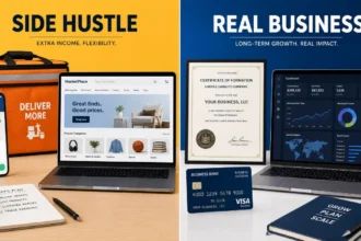 Side hustle vs real business split screen illustration