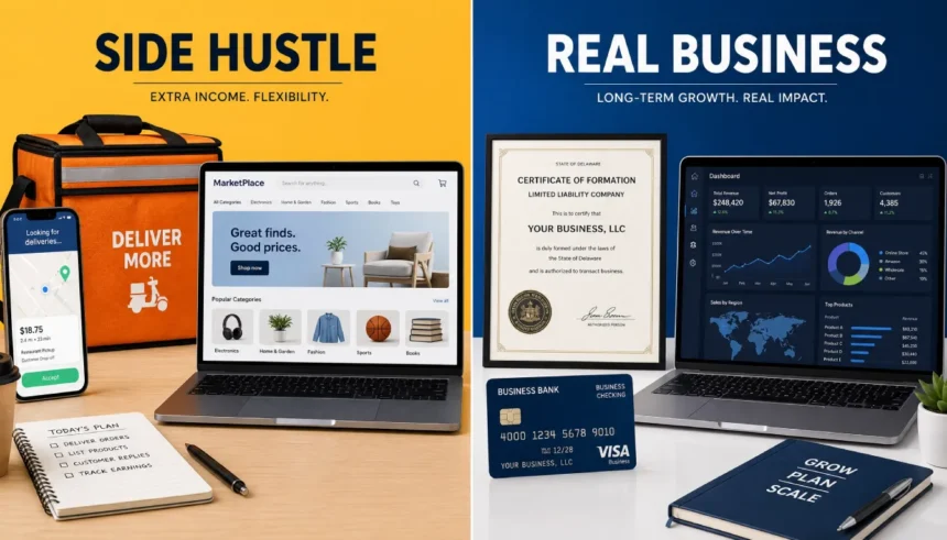 Side hustle vs real business split screen illustration