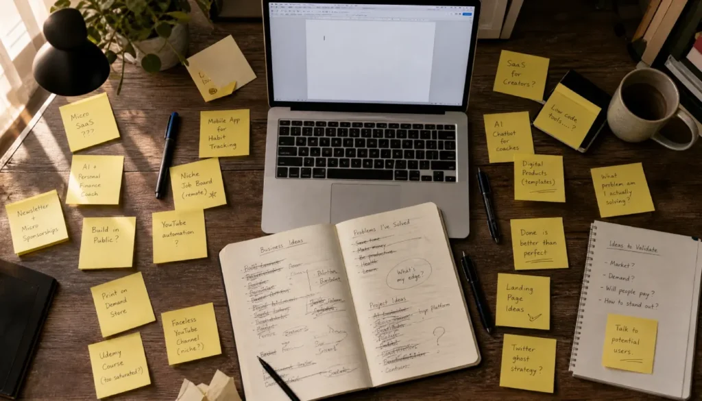 Desk covered in unfinished business plans showing signs of fear of failure