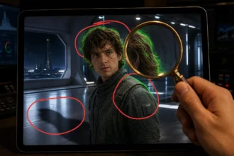 Movie scene on a tablet with green screen mistakes circled in red, viewed through a magnifying glass.