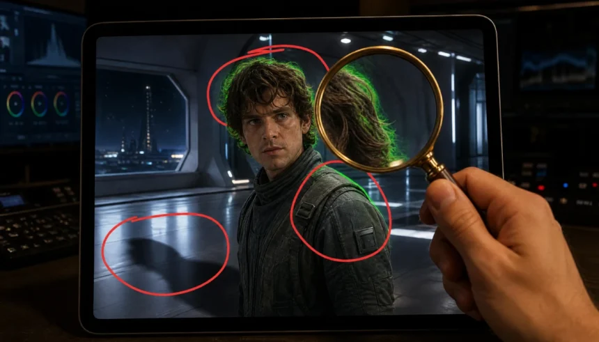 Movie scene on a tablet with green screen mistakes circled in red, viewed through a magnifying glass.