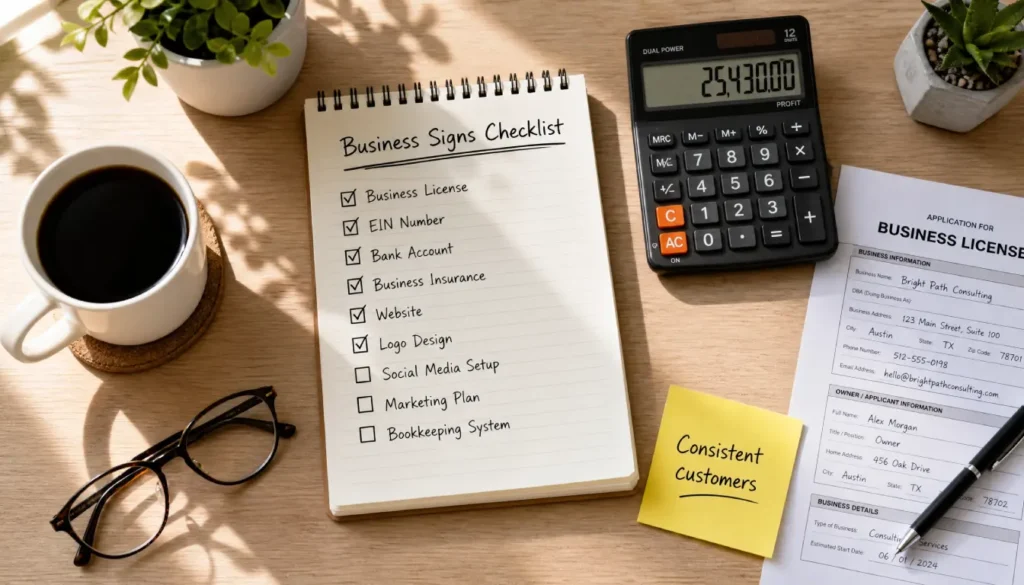 Desk with checklist showing signs a side hustle is becoming a real business