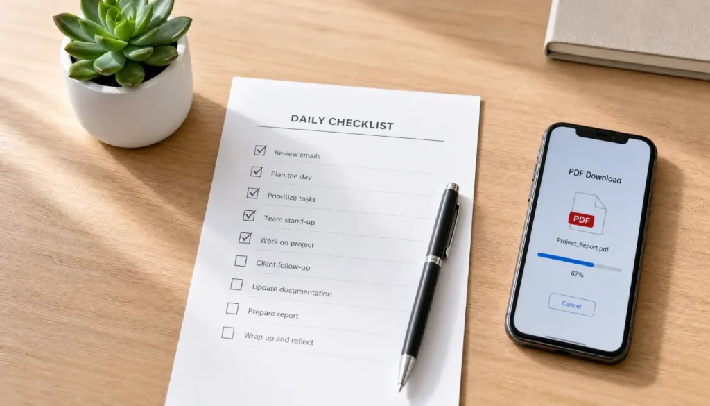 Printed checklist lead magnet next to a phone showing a PDF download