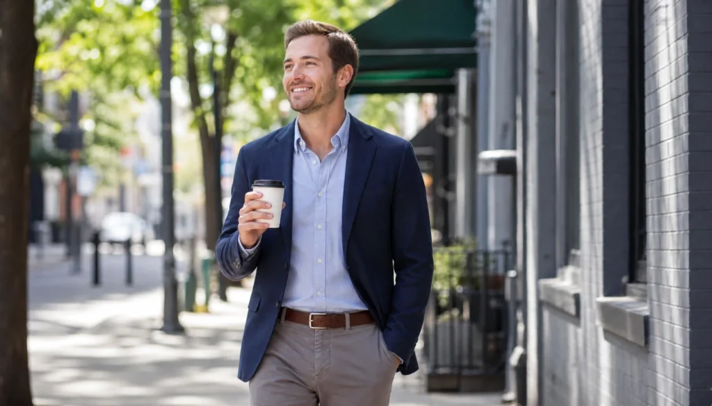 Person taking a calm walking break during a busy workday