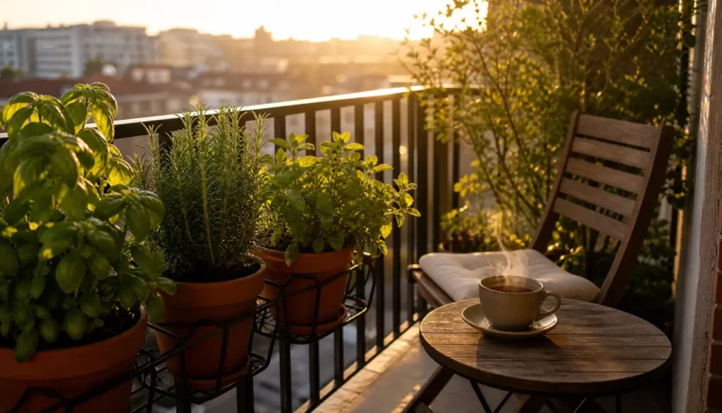 Small city apartment balcony set up for quiet slow living moments