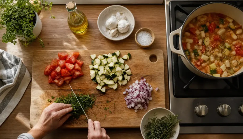 Hands slowly preparing a home-cooked meal with fresh vegetables