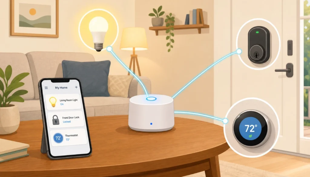 Simple illustration showing a smart home hub connecting wirelessly to a light bulb, lock, and thermostat, controlled by one smartphone app.