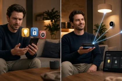 Split-screen illustration comparing juggling multiple smart home apps versus using one smart home hub app.