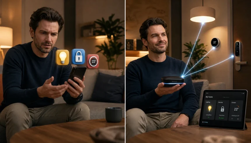 Split-screen illustration comparing juggling multiple smart home apps versus using one smart home hub app.