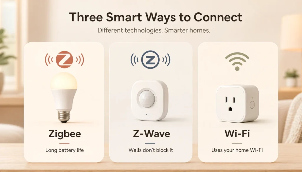 Infographic explaining Zigbee, Z-Wave, and Wi-Fi smart home protocols with simple icons and beginner descriptions.