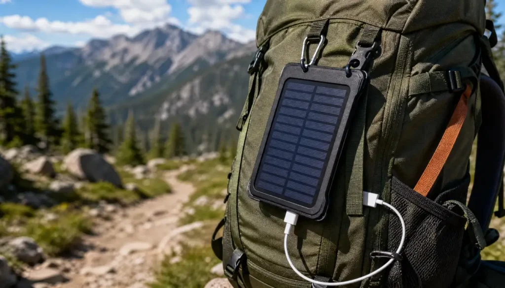 Solar charger clipped to a backpack while hiking on a trail