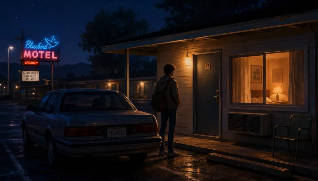 Solo traveler assessing motel safety at night