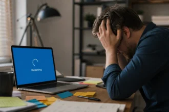 Person looking frustrated at laptop during a Windows update restart