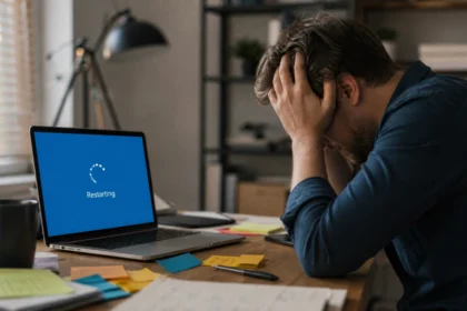 Person looking frustrated at laptop during a Windows update restart