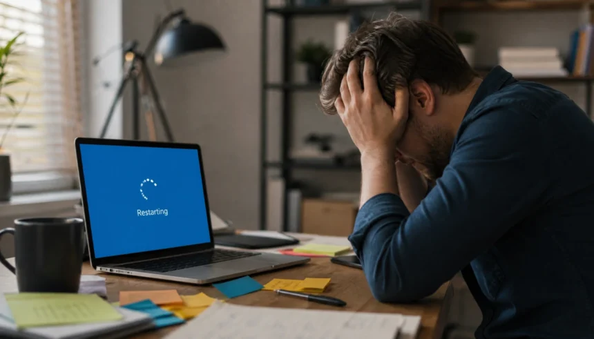 Person looking frustrated at laptop during a Windows update restart