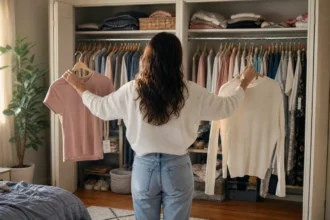 Person looking at overstuffed closet trying to decide what to keep