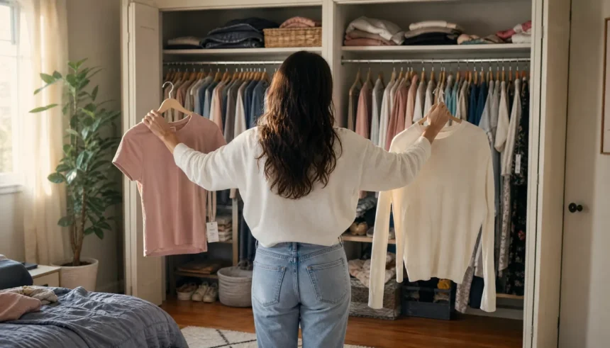 Person looking at overstuffed closet trying to decide what to keep
