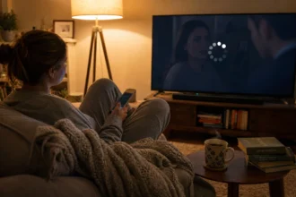 Person watching a paused streaming video on their TV at home despite having fast internet