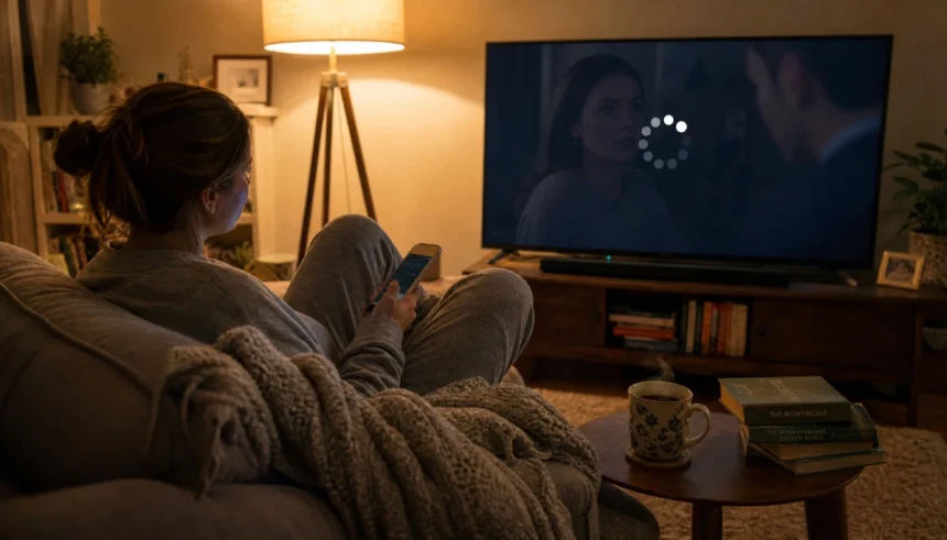 Person watching a paused streaming video on their TV at home despite having fast internet