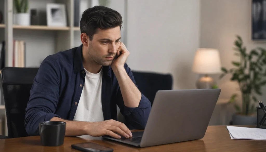 Person staring at laptop feeling stuck on a task