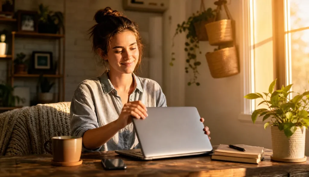 Person smiling after completing a small task at home