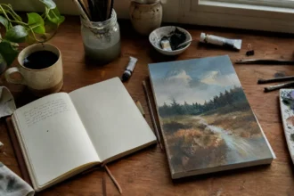 Desk with unfinished painting and notebook representing task paralysis