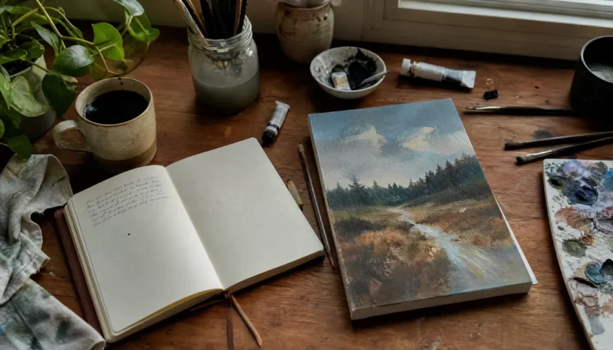 Desk with unfinished painting and notebook representing task paralysis