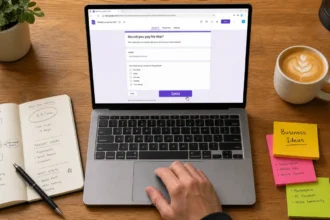 Desk setup showing a Google Form business idea validation question on a laptop screen.