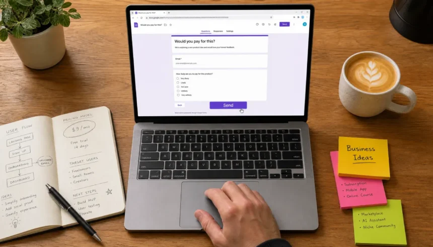 Desk setup showing a Google Form business idea validation question on a laptop screen.