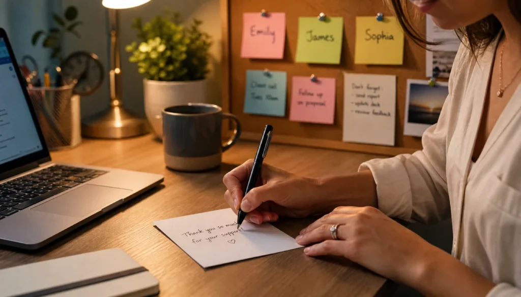 Person writing a thank you note at their desk after a work conversation