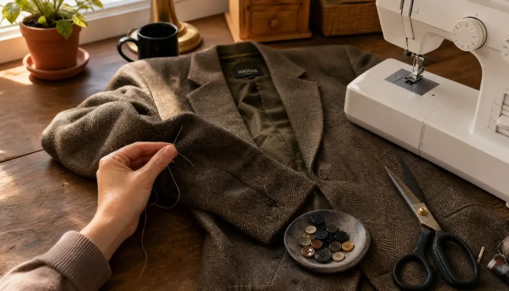 Hands altering a secondhand blazer with needle, thread, and replacement buttons on a wooden table