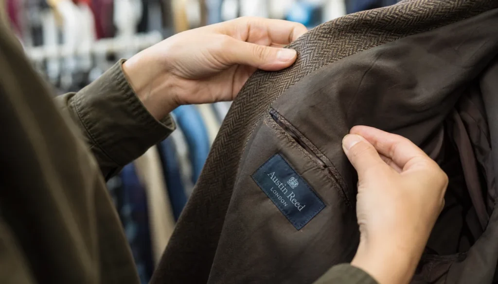 Close up of hands checking fabric and stitching quality inside a secondhand blazer