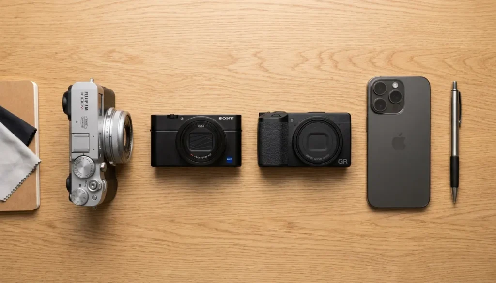 Size comparison of Fujifilm X100VI, Sony RX100 VII, Ricoh GR IV, and iPhone 16 as travel cameras