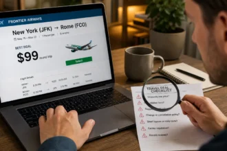 Traveler checking a suspicious cheap flight deal with a magnifying glass over a scam checklist