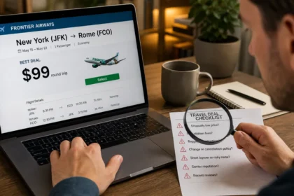 Traveler checking a suspicious cheap flight deal with a magnifying glass over a scam checklist