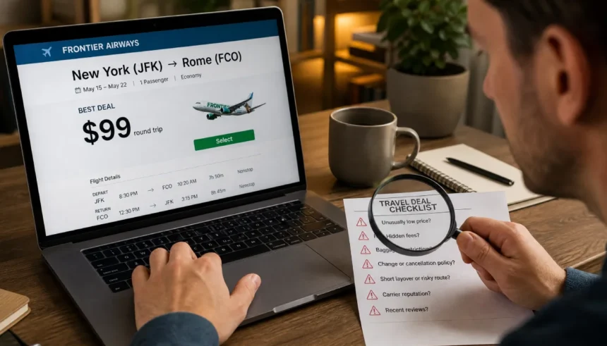Traveler checking a suspicious cheap flight deal with a magnifying glass over a scam checklist